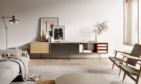Mueble bajo de televisión tipo bancada en color madera