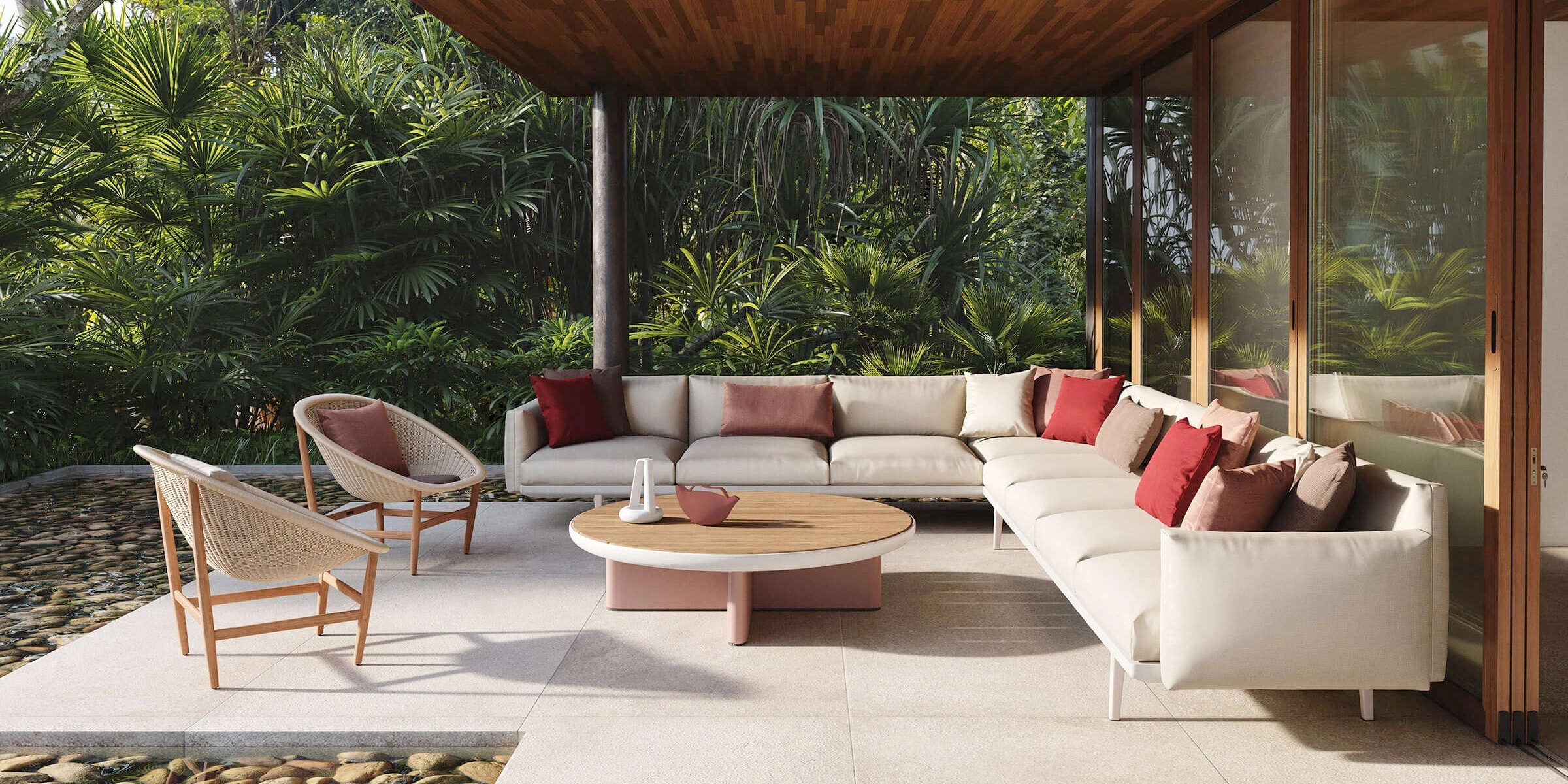 Muebles de terraza y jardin sofas en color blanco y mesa de centro en madera