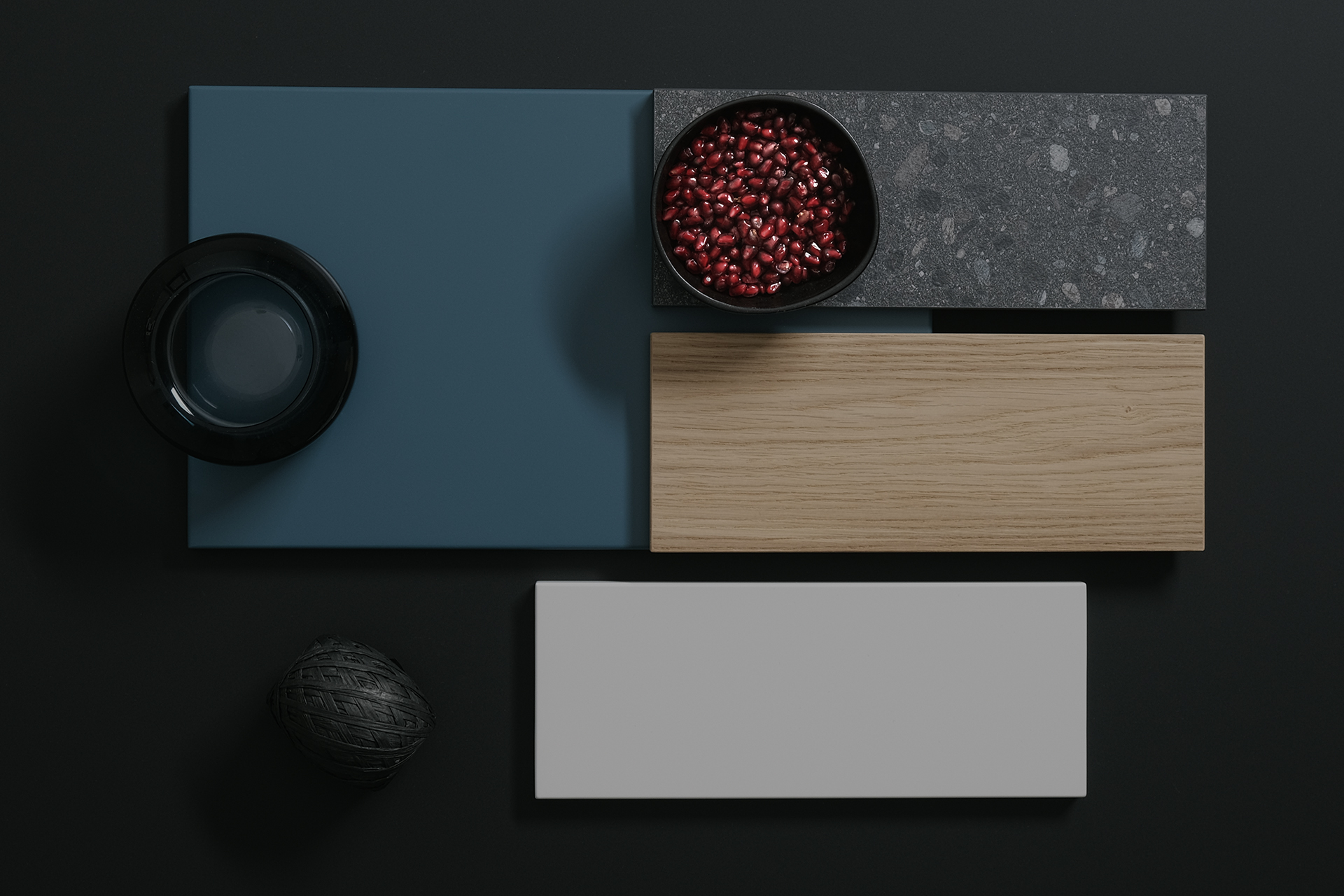 Muestra de colores para combinar en la cocina, azul oceano profundo, blanco y madera natural roble