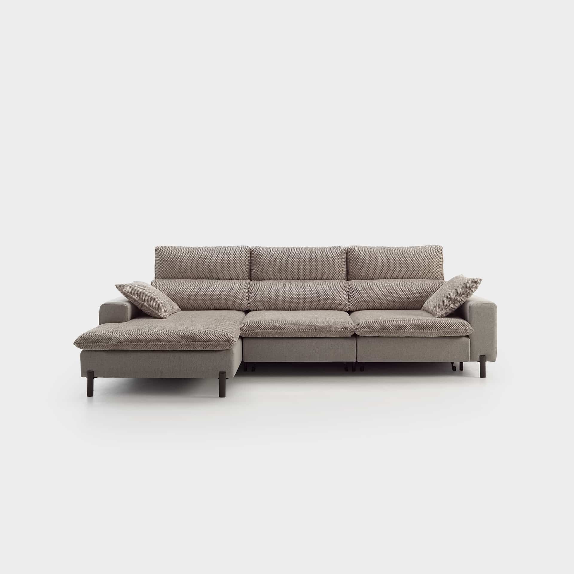 Sofá Cora beige, 200 cm, con cabezales reclinables y bandeja deslizante